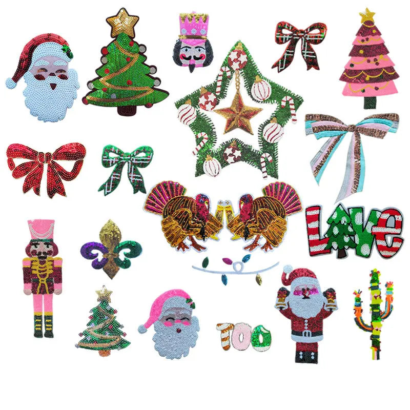 Medium Size Sequin Embroidery Iron on Santa love Christmas Tree Bow Patch for  Young  Kids Tshirt Hoodies Decoration