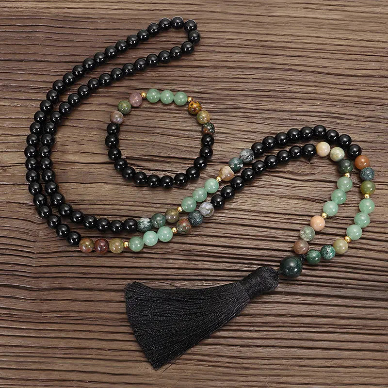 108 Beads Mala Prayer Necklace Green Aventurine Tassel Necklace Black Obsidian Gemstone Yoga Meditation Healing Necklace