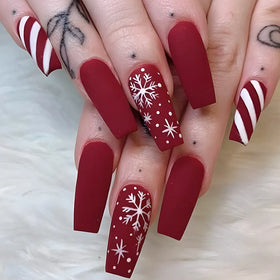 24pcs Per Set Long Red Matte Lasting False Nails Art Christmas Full Cover ABS Coffin Acrylic Nails Style Press on Nails
