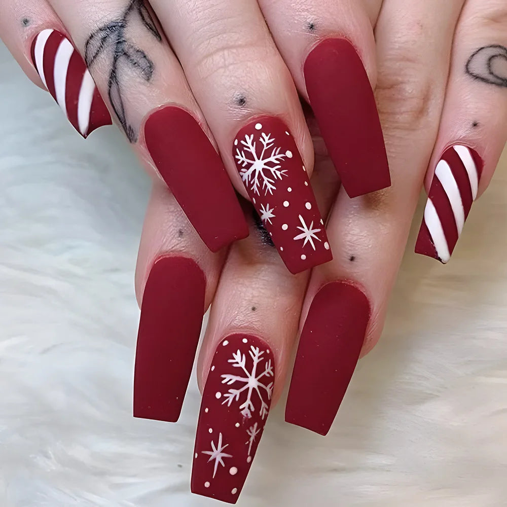 24pcs Per Set Long Red Matte Lasting False Nails Art Christmas Full Cover ABS Coffin Acrylic Nails Style Press on Nails