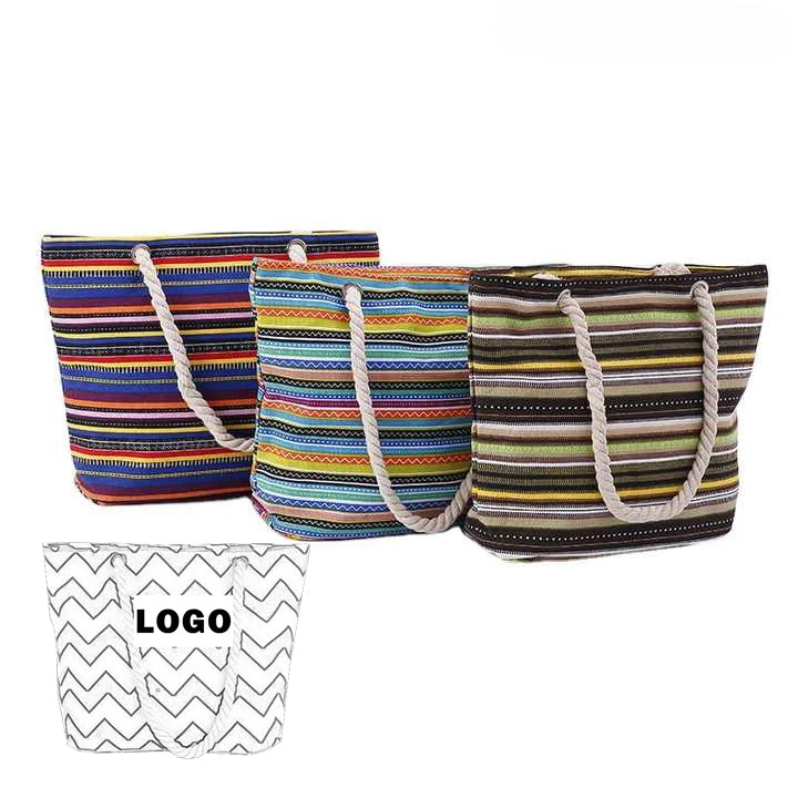 Custom logo Travel Leisure Three-Color Striped Hemp Rope Canvas Cotton Carrying Women's Beach Bag Shopping Tote Bags With String