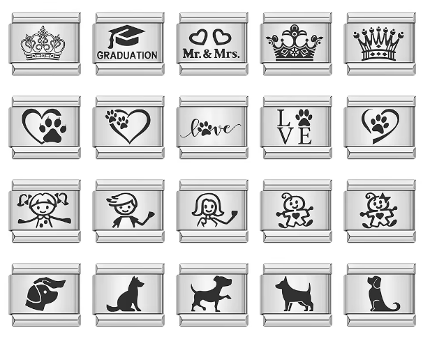 Fashion Laser Carving Cat Dog Boy Girls Heart Crown Italian Links Charm Fit 9mm Stainless Steel Bracelet Jewelry DIY Making Gift
