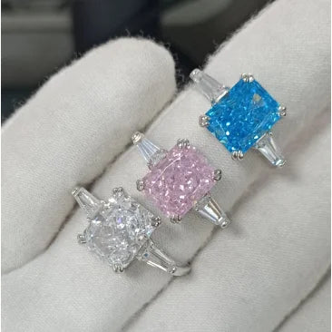 In Stock Ice Cut Custom 925 Sterling Silver Jewelry Cz Cubic Zirconia Ring Square Pink Blue Sapphire Rings Jewelry Women