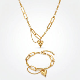 QIAOREN 10812 Stainless Steel Paperclip Chain Jewelry Set Heart Pendant Necklace Bracelet Adjustable Gold Women Matching Gift