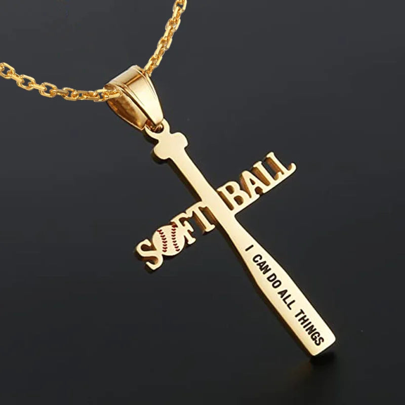 Wholesale Custom Fashion Baseball Christian Cross Stainless Steel Necklace Gold Plated 18K Sports Baseball Pendant for Men