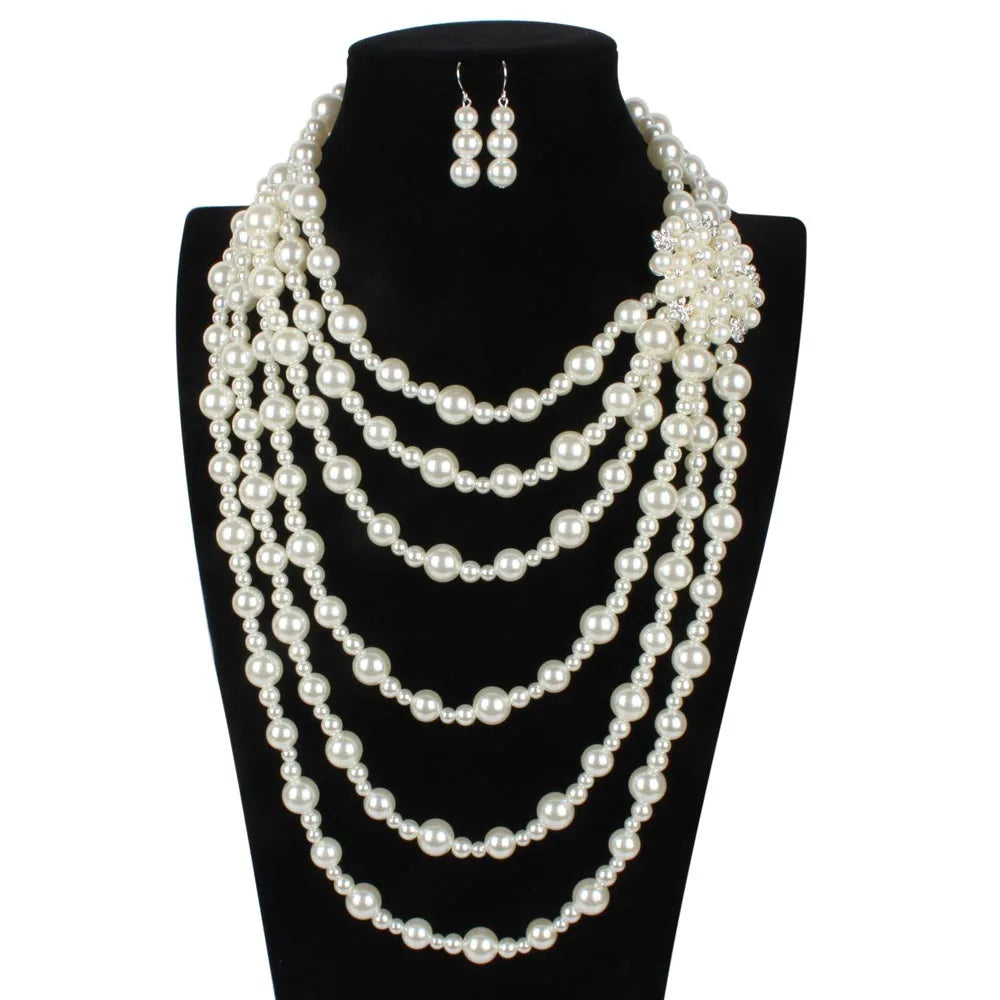ROMANTIC Unique Wholesale Women Fashion Jewelry Set Multi Layer Pearls Necklace Set