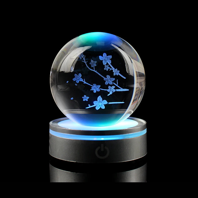 Crystal 3d Laser Engraved Oriental Cherry Sakura Glass Ball Custom With LED Base