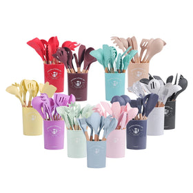 12 Pcs Cooking Accessories Kitchenware Spatula Spoon Kitchen Tools With Wooden Handles Silicone Kitchen Utensils Set