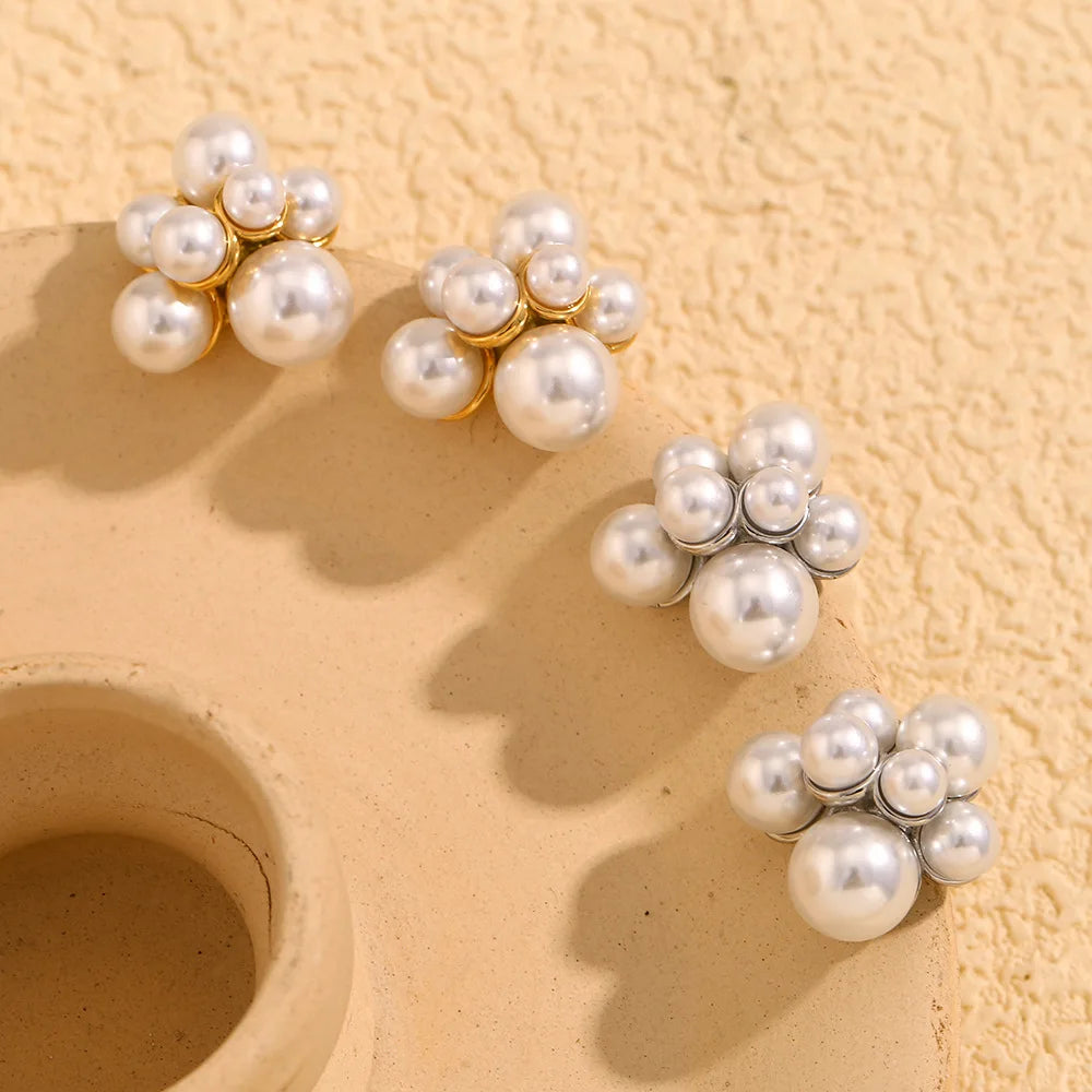 2025 Trendy Waterproof Stainless Steel 18K Gold Plated Grape String Pearl Stud Earring for Women