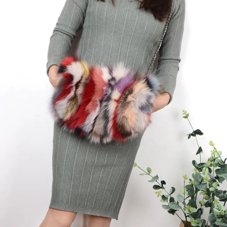 MWFur Winter Natural Fox Fur HandBag Custom Made Real Fur Bag with Hand Warmer for Winter