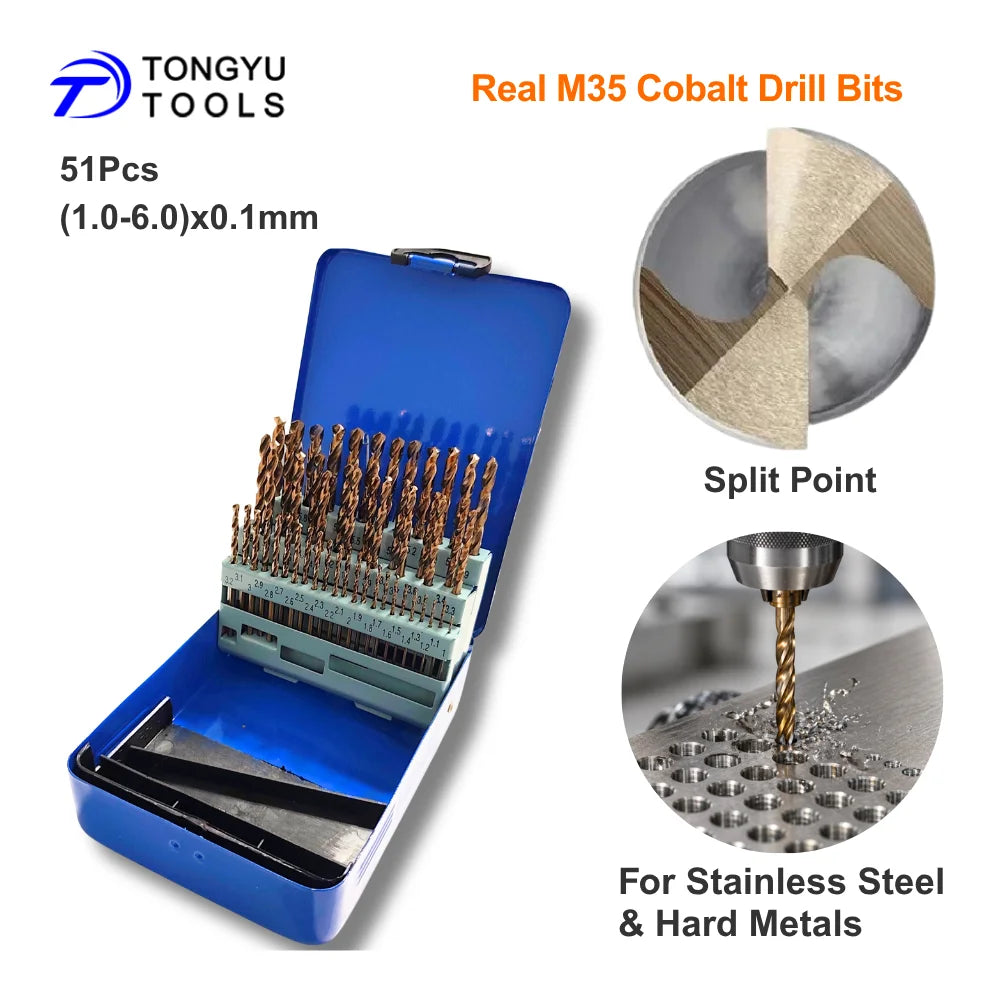 51Pcs 1-6mm Cobalt Drill Bit Set Ready to Ship M35 HSS-E Co5% Jobber Twist Bit Kit for Tough Metal Stainless Steel Cast Iron