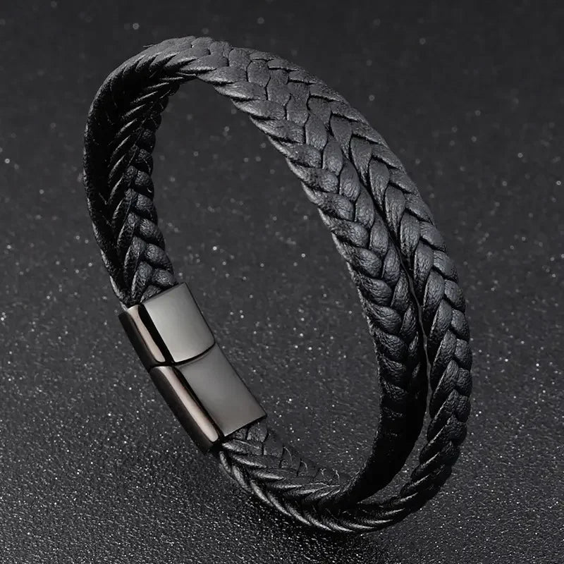 Wholesale Stainless Steel Multi-layer Leather Rope Punk Style Men's Bangle Gift OT-106
