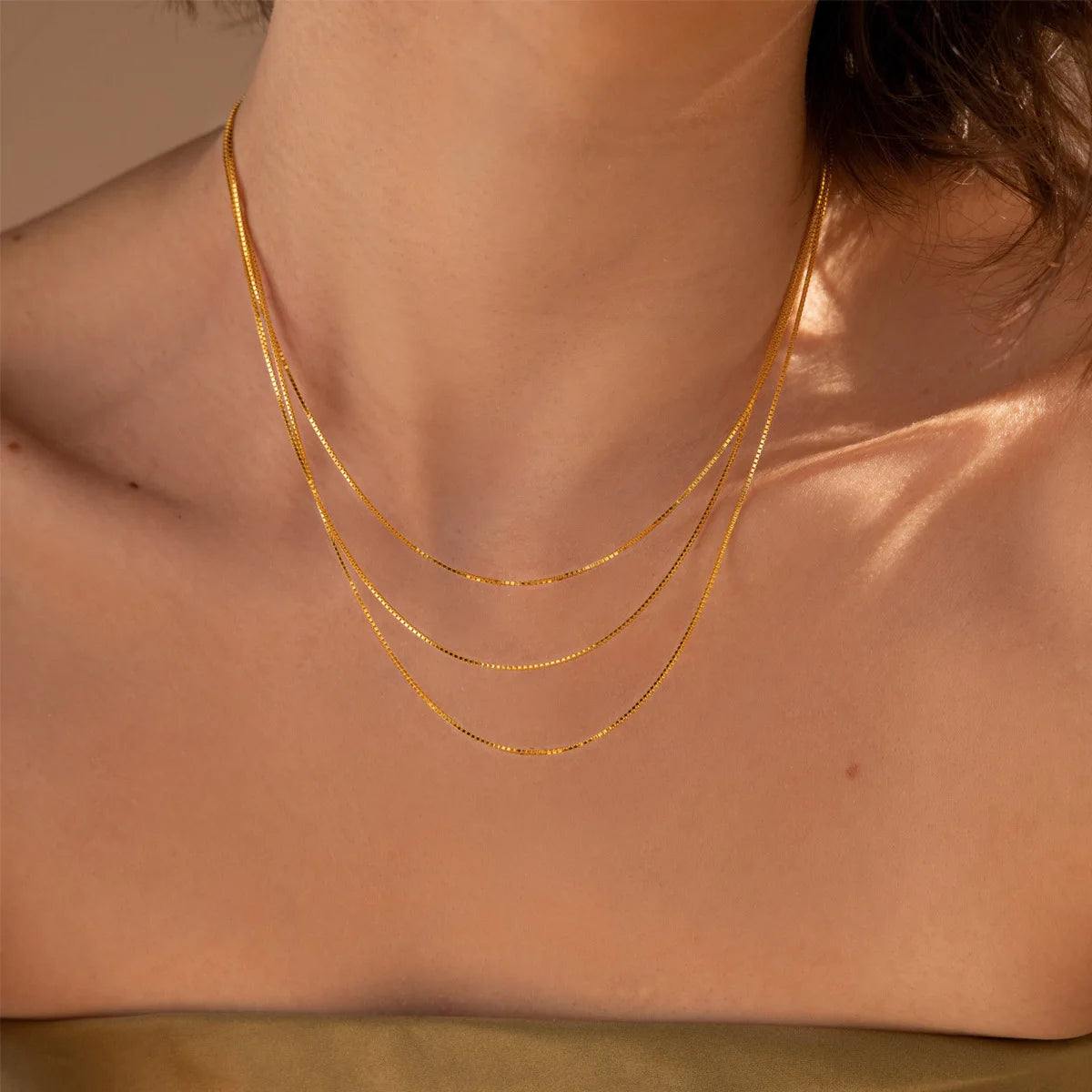 ERESI Dainty 18k Gold Plated Layered Three Box Chain Necklaces Waterproof Stainless Steel Choker Necklace Jewelry Waterproof