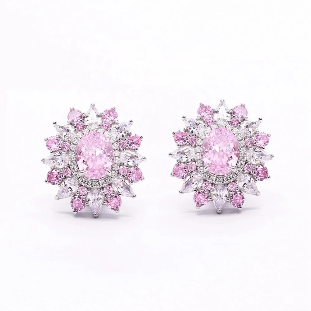 Luxury Double Halo Fine Jewelry Earrings 925 Silver Pink Women'S Earrings