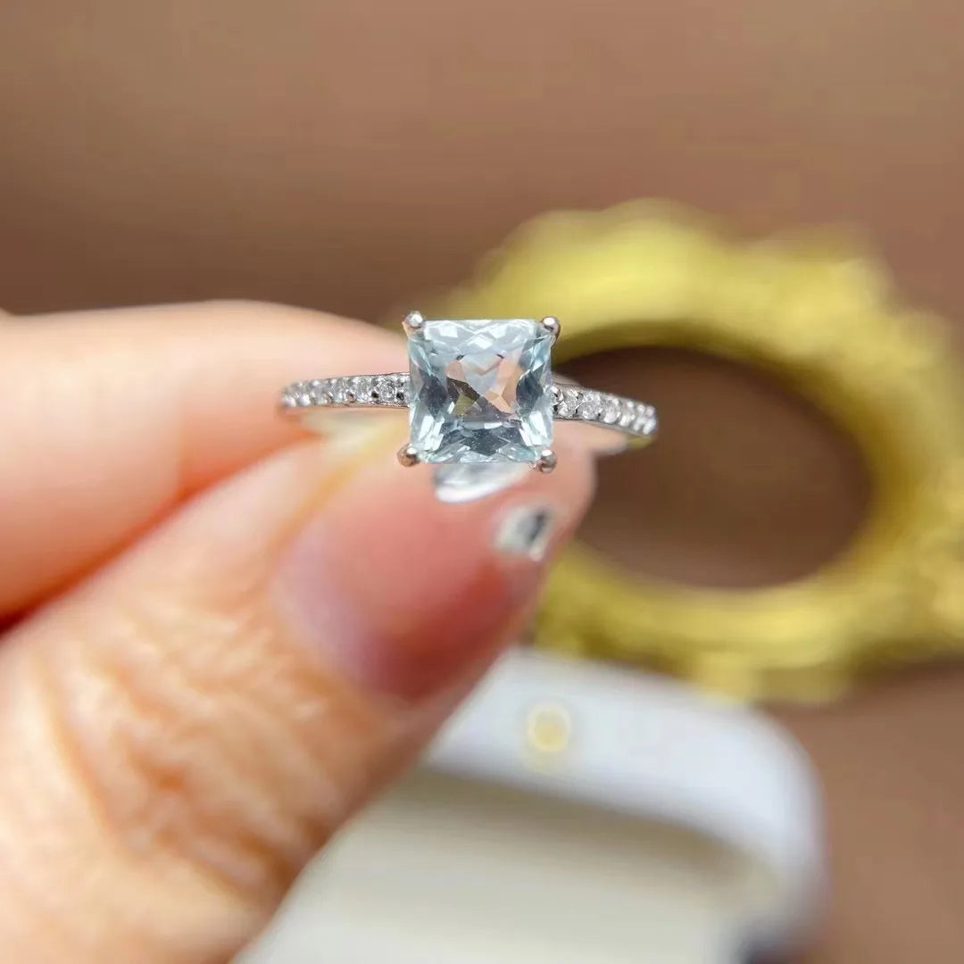 Factory Supply Unique 925 Sterling Silver Emerald Cut Natural Aquamarine Classic Wedding Bulk Fashion Friendship Women Ring