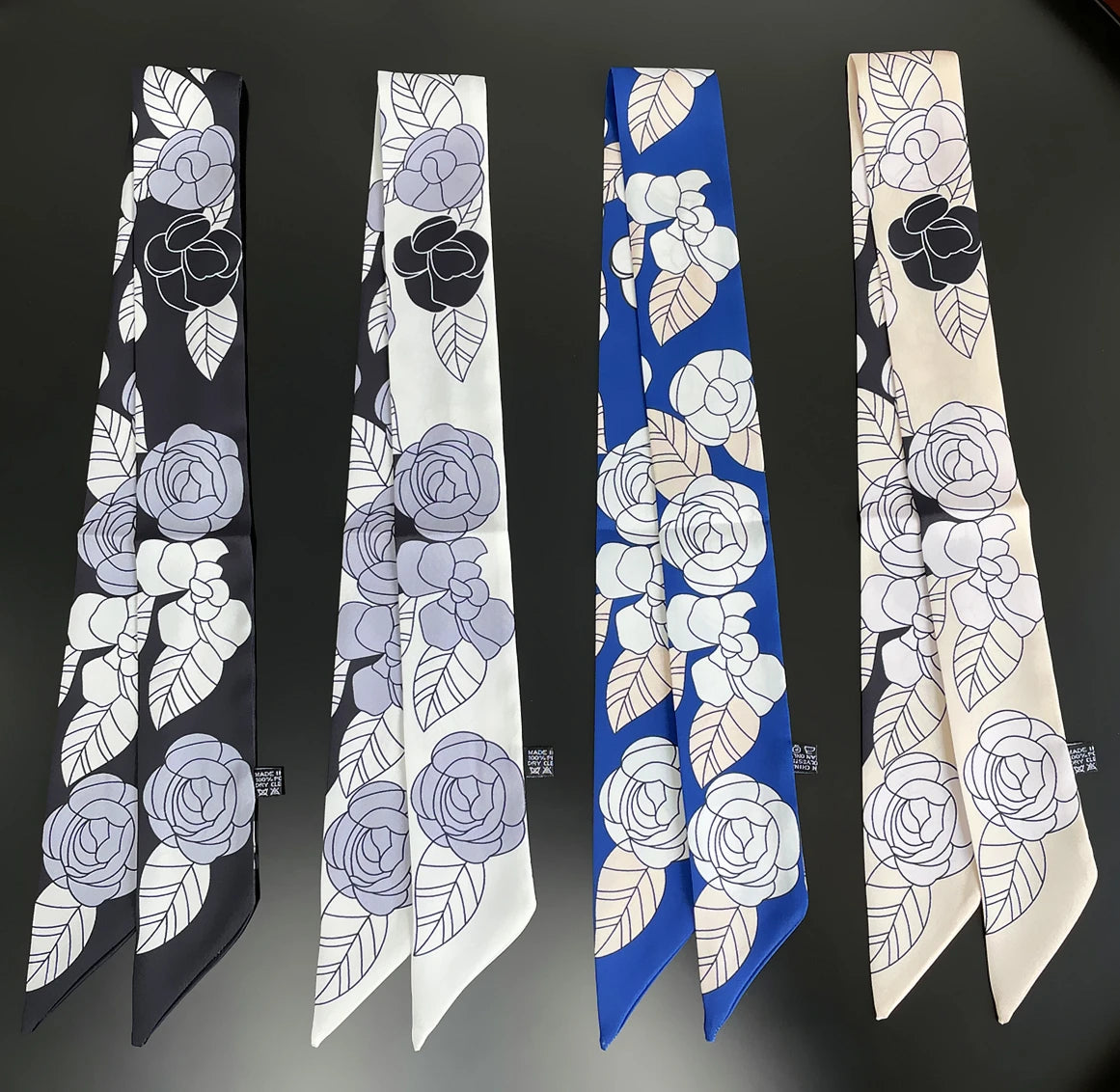 New Camellia Printing Narrow Skinny Scarf for Women Decorative Camellia Hair Scarf