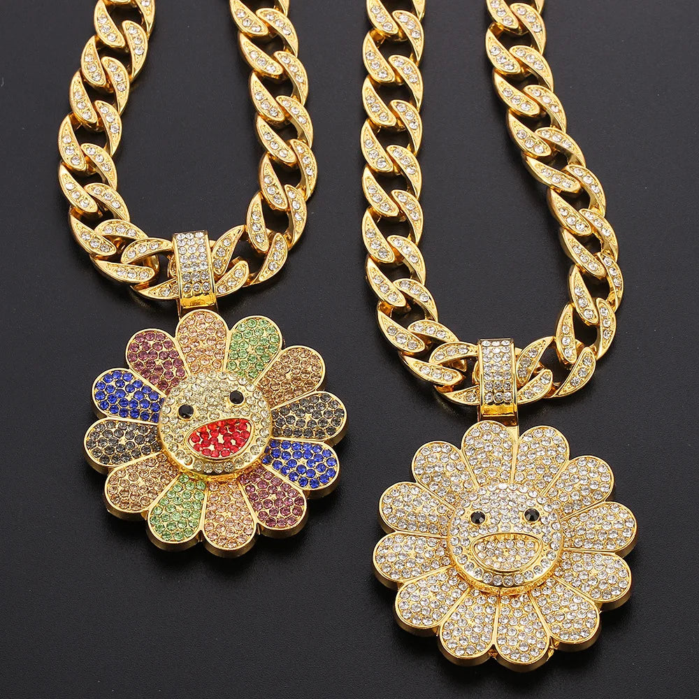 New Fashion Simple Colorful Sun Flower Sunflower Petals Smile Rotating Pendant Necklace Hip Hop Pendant Necklace Party Gifts