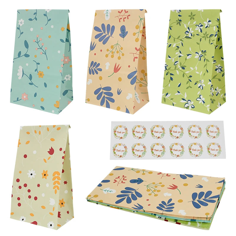 Flower Printing Paper Gift Packaging Paper Bags With Stickers Spring Theme Party Favor Cookie Candy Treat Paper Bags MegaBDM