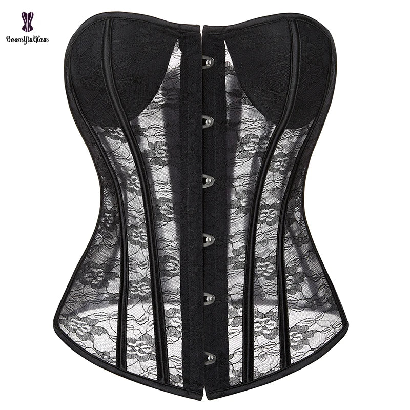 Black Women's Thin Corset Top Sexy Translucent Lingerie Padded Cup Bustier Floral Lace Mesh G String 3D Embroidery Breathable