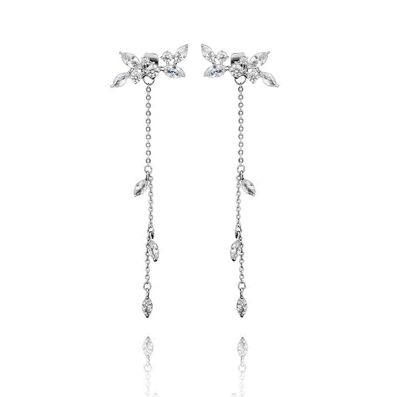 Wholesale Jewelry Earrings Women Dainty 925 Silver Cubic Zirconia Leaf Long Stud Earing