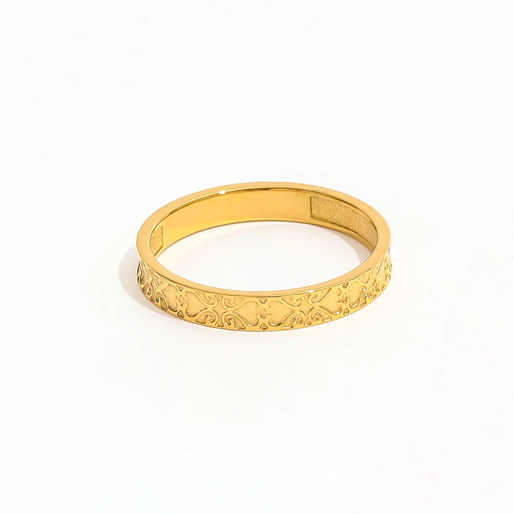 Joolim Jewelry Wholesale 18K Gold Plated Vintage Flower Pattern Stainless Steel Band Ring for Women Statement Gold Ring
