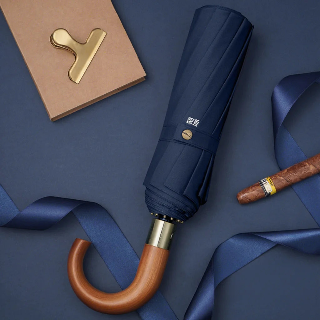 2025 Custom 27 Inch Automatic 12 Ribs 3-Fold Umbrella Hook Wooden Handle Logo Print Travel Business Gifts Windproof Waterproof