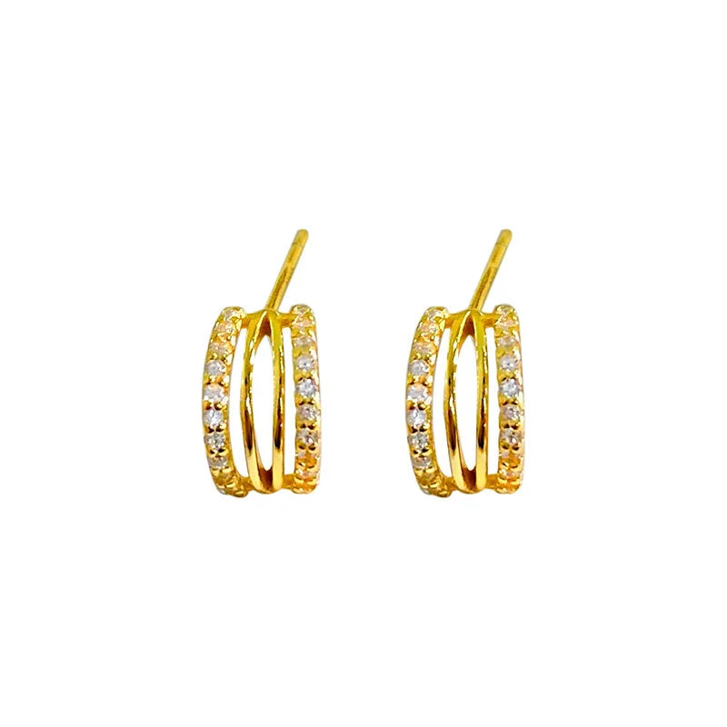 New Fashion Silver Jewelry Women 18K Gold Plated 925 Silver Earring Geometric Lines with Luxury Zircon Stud Earring
