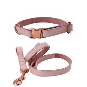 Direct Selling Luxury Enchanted Pets Pink PU Leather Personalized Solid Ribbons Rose Gold Hardware Classic Pet Collar Leash Set