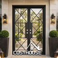 Modern Wrought Iron Glass Front Door Double Exterior Entry Door for Villa and House
