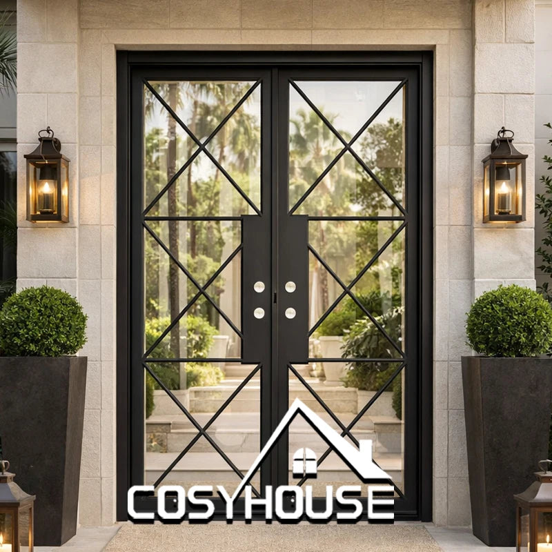 Modern Wrought Iron Glass Front Door Double Exterior Entry Door for Villa and House