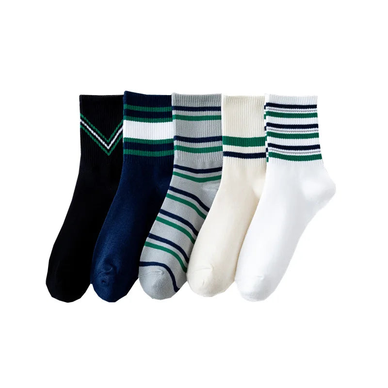 Autumn Winter Men's Casual Cotton Socks Blue-Green Striped Geometric Color Blocking College Style Rubber Band Medium Size