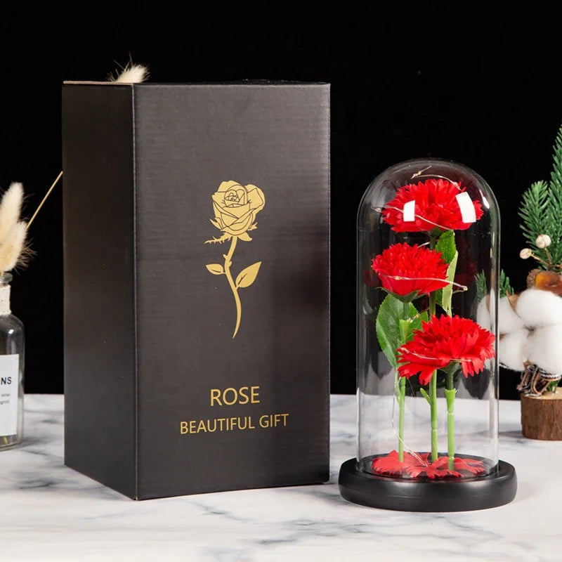 Christmas Gift Three Rose Preserved Fabric Ornaments Handmade Eco-Friendly Teacher's Day Gift Simulation Flower LED Luminous