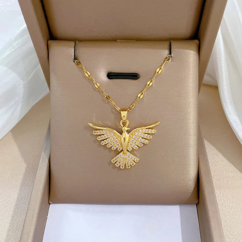 Classic Cute Flying Bird Phoenix Eagle Wing Pendant Necklace for Women 316L Stainless Steel Trendy Link Premium Jewelry (NL035)