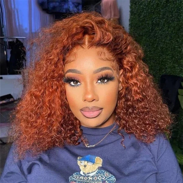 Double Drawn Short Bob Wig Ginger Color Big Loose Curly Raw Indian Hair Transparent HD Lace Front Wigs