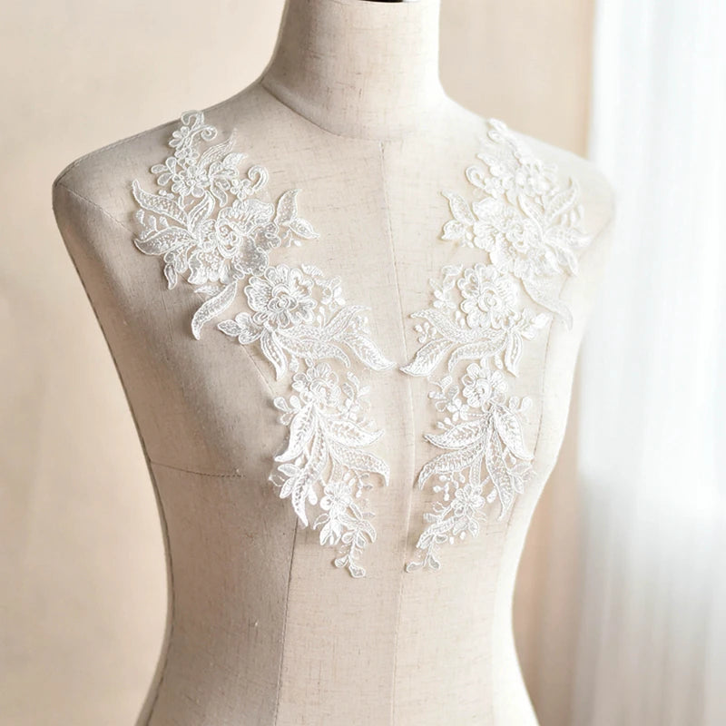 European Style White Polyester Lace Embroidery Flowers Patch Handmade DIY Wedding Veil Accessories for Shoes Bags Elegant