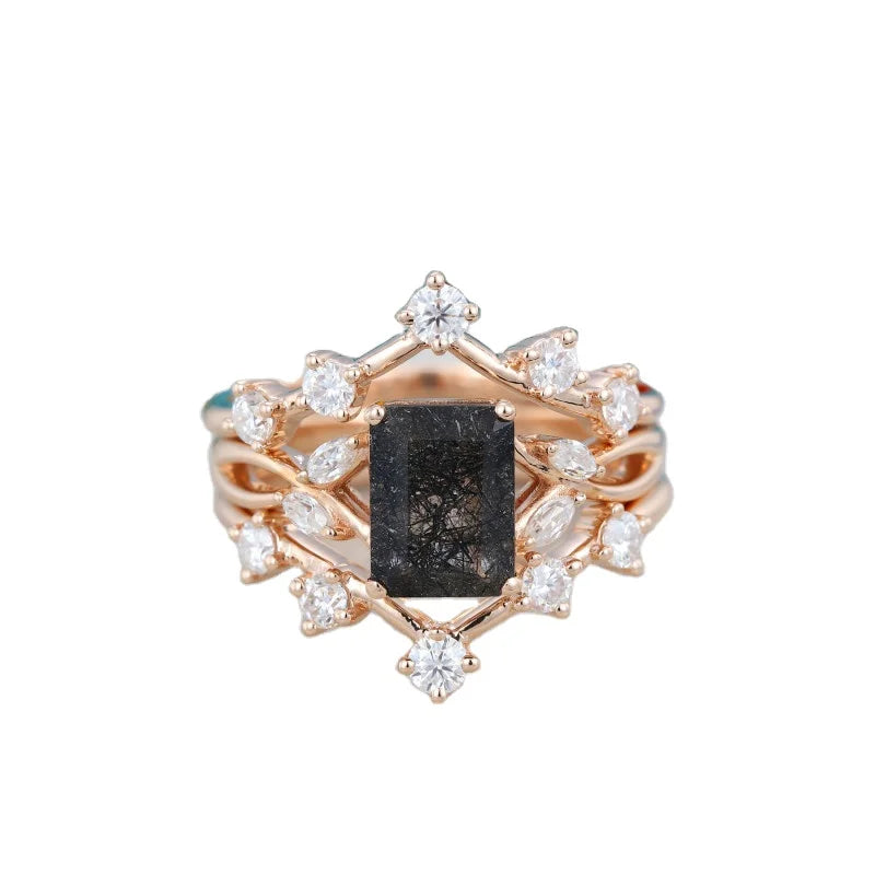 Wholesale 925 Sterling Silver Jewelry Antique Women Emerald Cut Ring 3PCS Natural Black Rutilated Quartz Ring Set