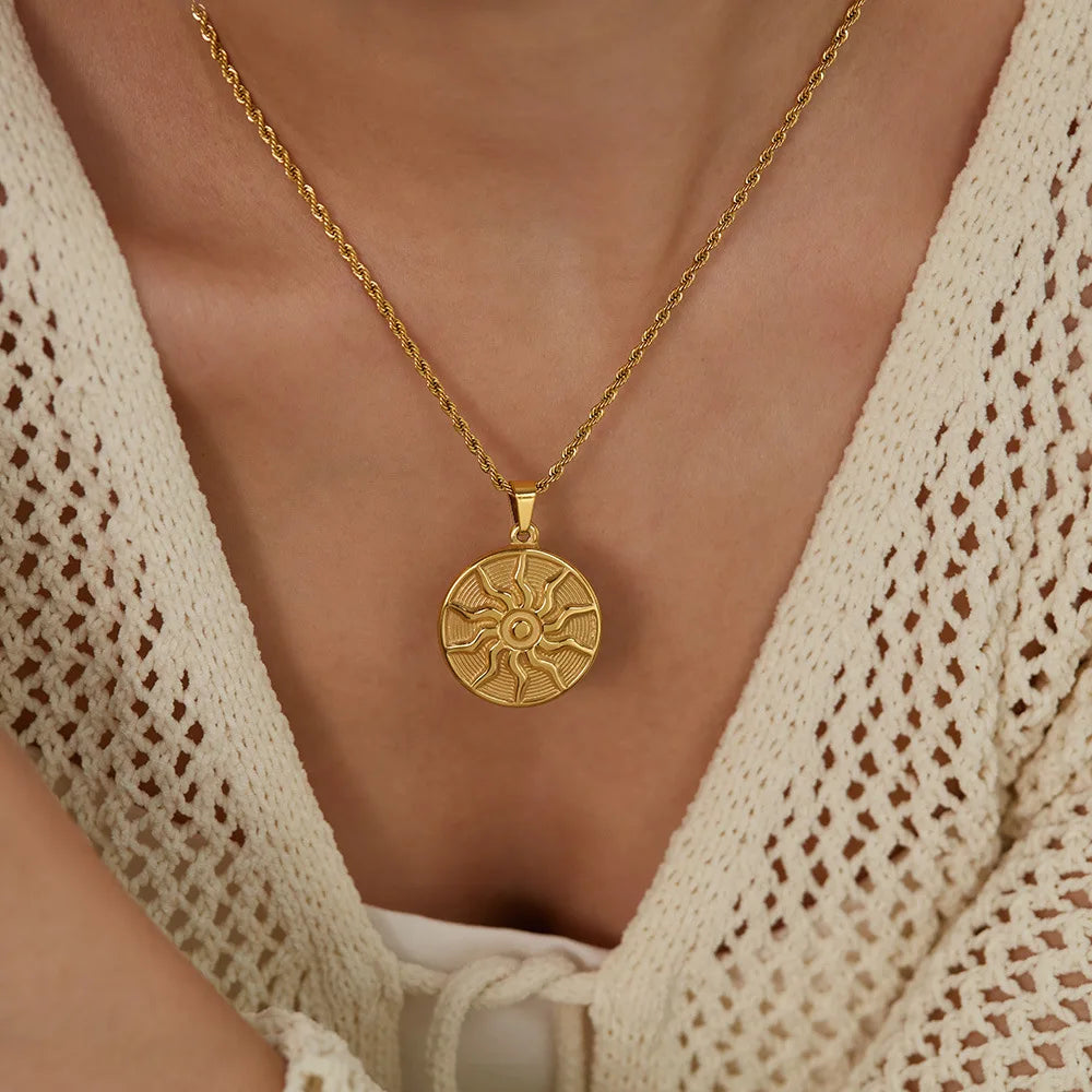 BASQUESUN Factory Wholesale Custom Hot Selling Stainless Steel Disc Corrosion Sun Totem Hip-hop Punk Style Necklace