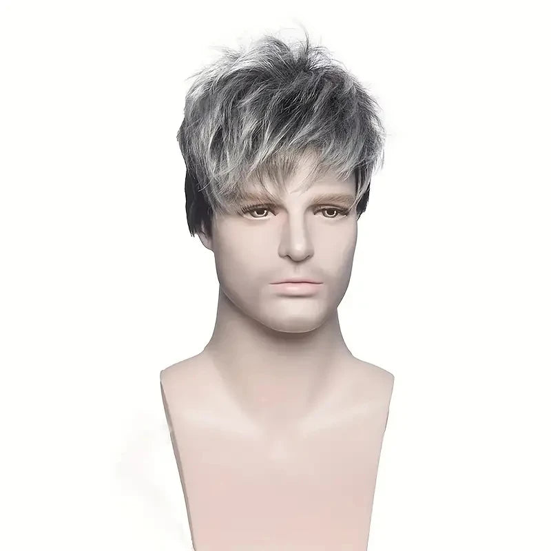 Top Quality Natural Realistic Lace Men Wig Gray Gradient Color Men Short Curly Synthetic Wig for Men