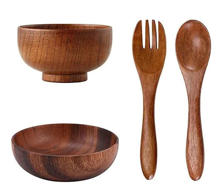 Hot Selling Eco-Friendly Acacia Wood Fruit Salad Bowl with Deep Dish and Wooden Fork Set Classic Design