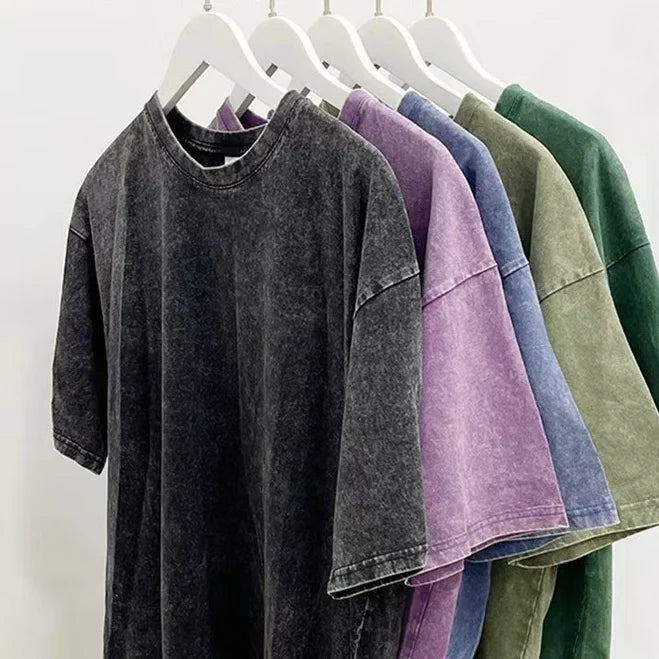 Custom Logo Acid Washed Vintage 100% Cotton T Shirt Heavyweight 230g Blank Drop Shoulder T-shirt Crew Collar Men's T-shirt