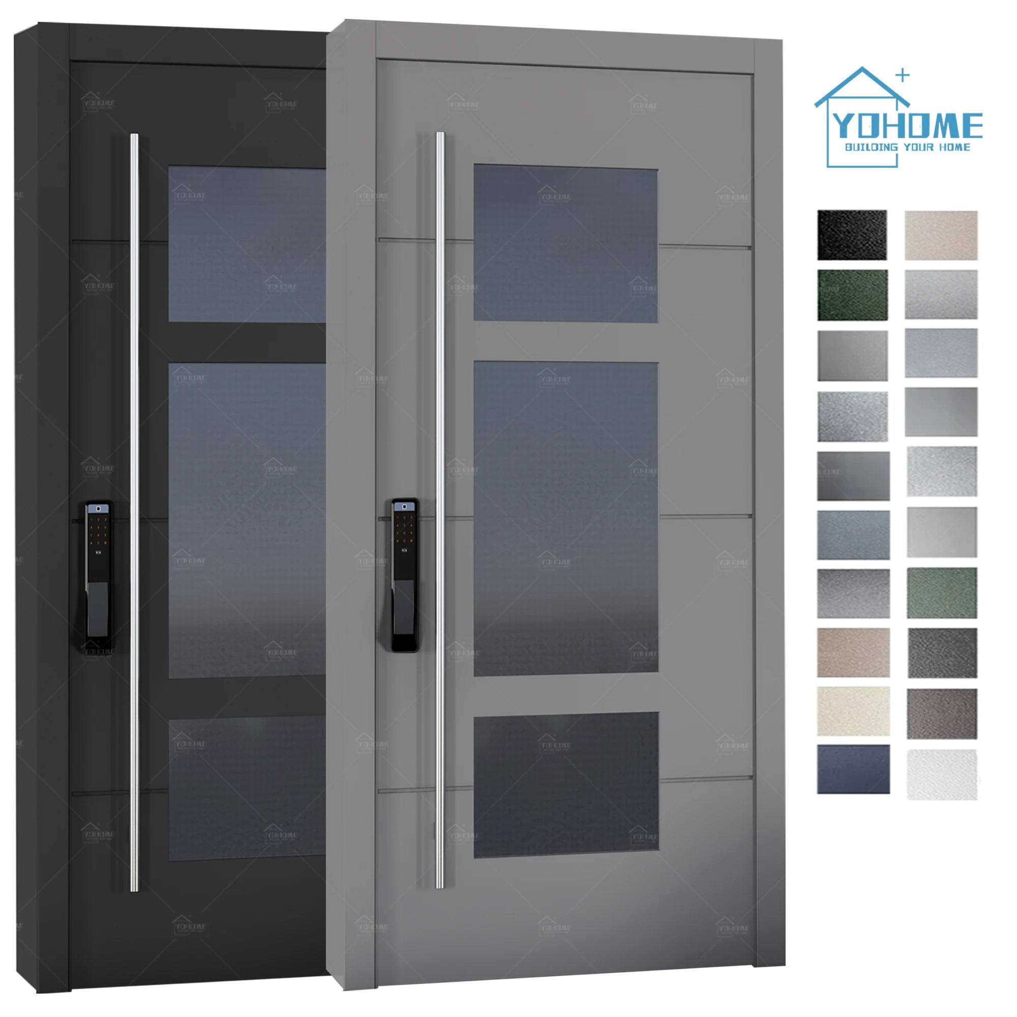 China Top Factory Low MOQ Front Door Home Unbreakable Contemporary Exterior Front Doors With Seal Glass Panel Pivot Entry Doors