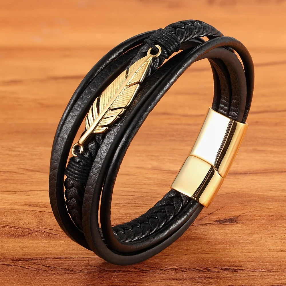 Multi-layer Leather Feather Shape Accessories Men's Bracelet Stainless Steel Leather Bracelet for Special Birthday Present