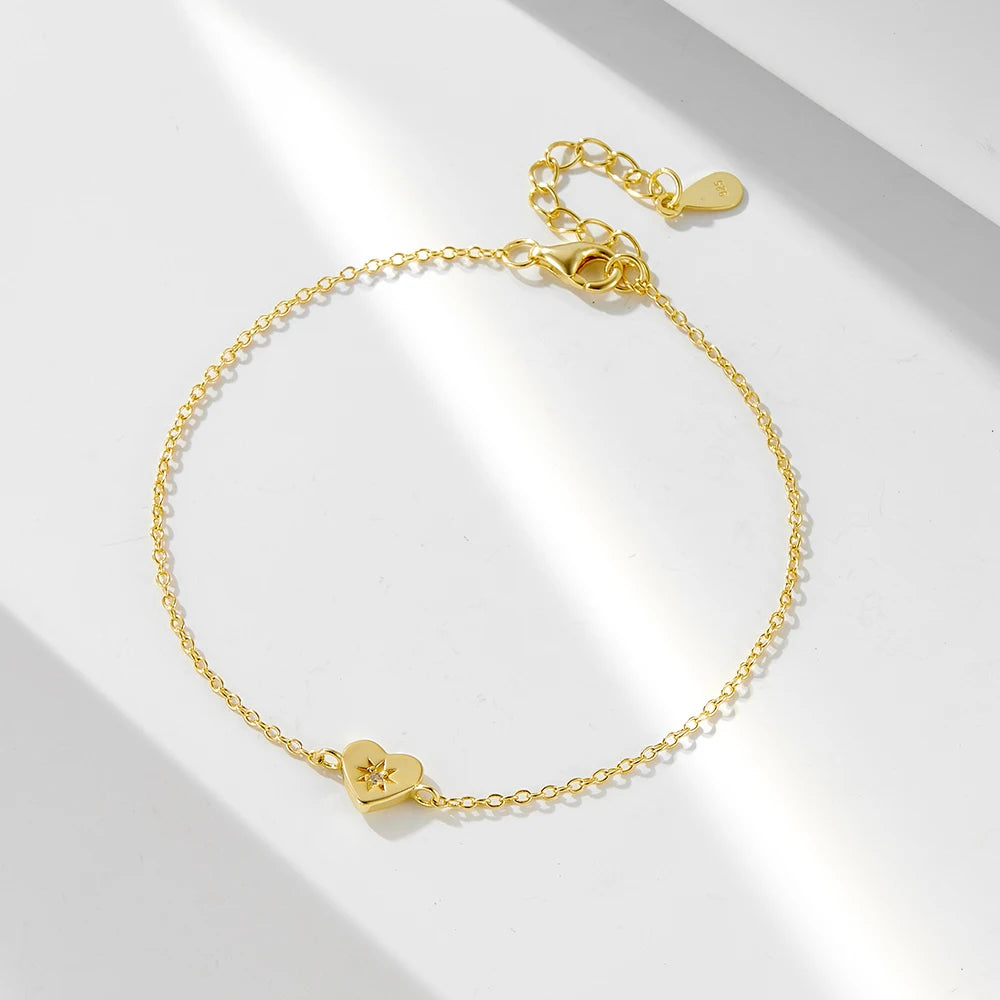 Simple Fashion 925 Sterling Silver 14K Gold Plated CZ Zircon Heart-Shaped Love Bracelet for Women Jewelry