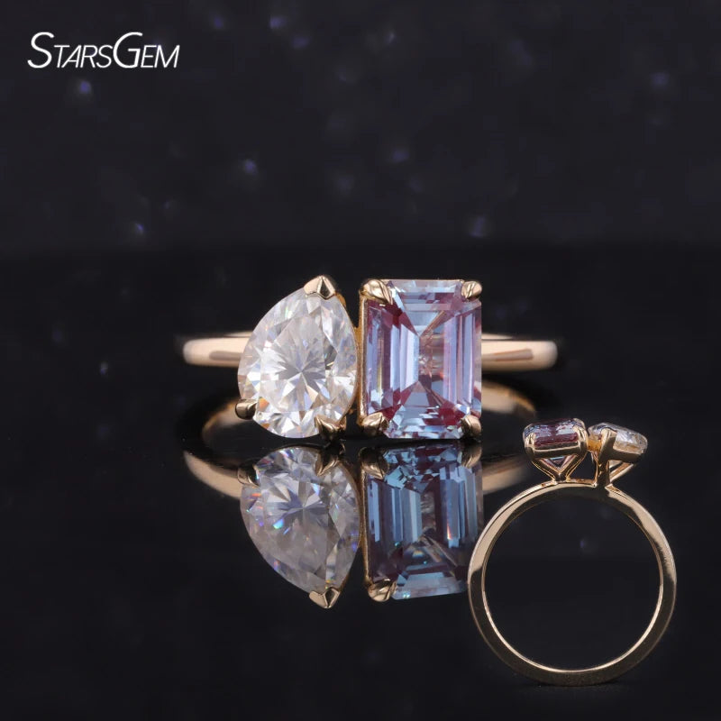 Starsgem Custom Jewelry Toi Et Moi Ring 14K Real Gold Lab Grown Alexandrite Sapphire With Moissanite Ring