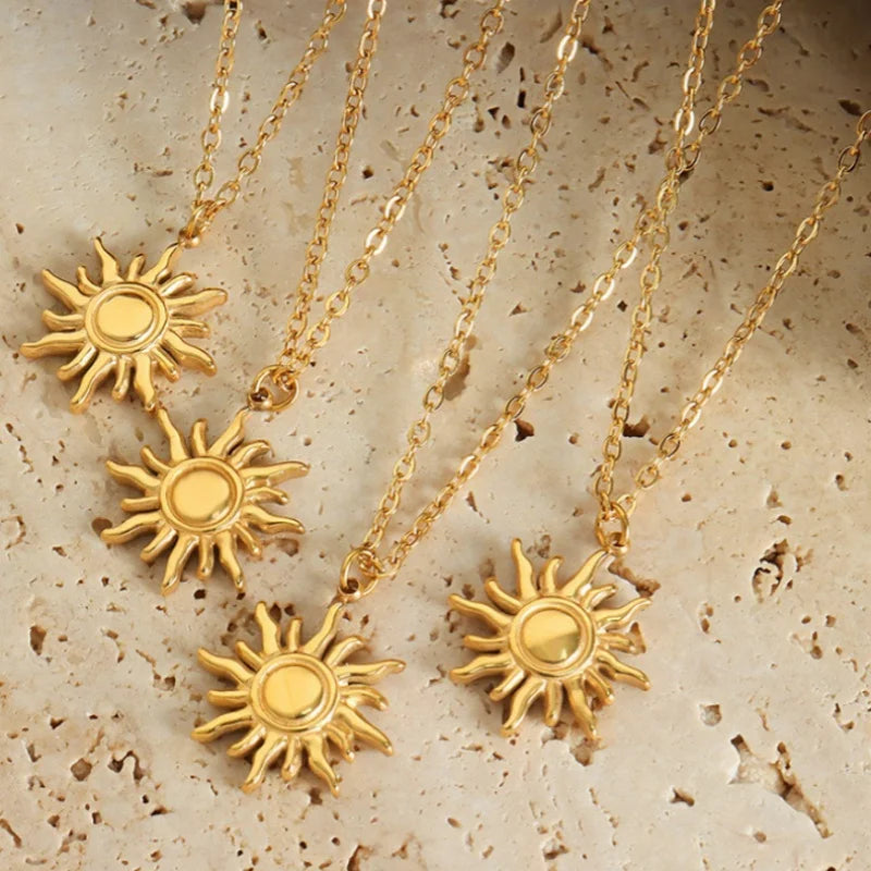 Trendy Gold Sun Pendant Necklaces Stainless Steel Chain Bohemian - Chic Design Ideal for Summer Beach & Daily Wear