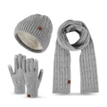 MIO 3pcs/set Winter Warm Thicken Fleece Lined Knit Beanie Hat Touch Screen Gloves Solid Color Soft Knitted Scarf Set Unisex