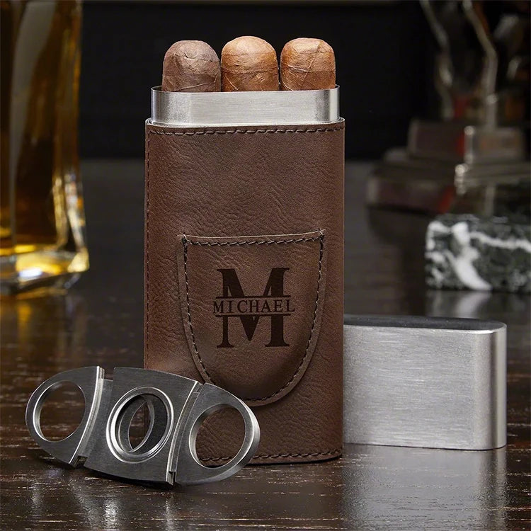 Perfect Gift Pu Leather Cigar Case Colorful Portable Travel Stainless Steel Leatherette Cigar Case With Cigar Cutter