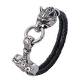 Hot Sale Fashion Men's Domineering Stainless Steel Wolf Head Bracelet Viking Thor's Hammer Leather Bracelet