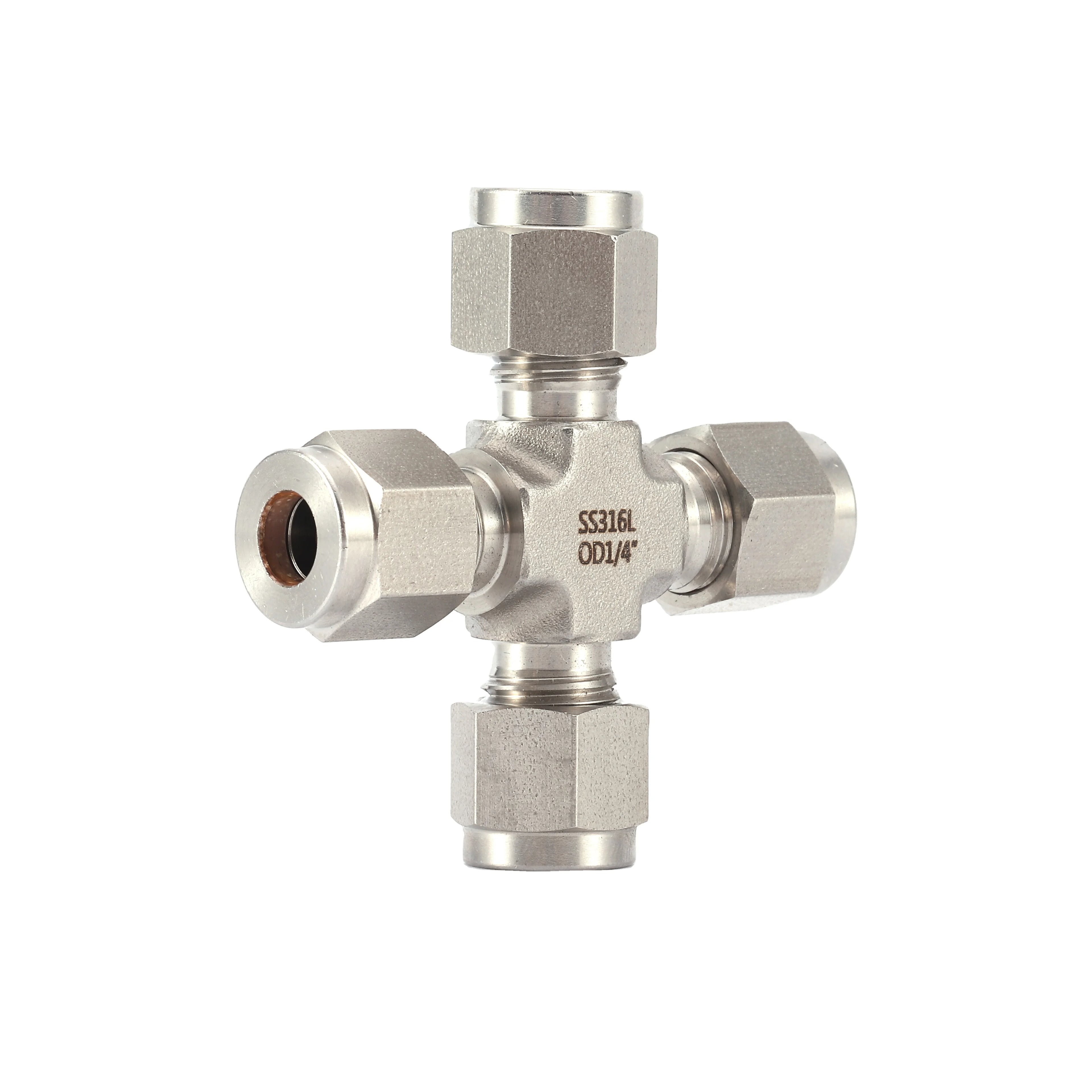 316 Stainless Steel Cross Union Fitting Double Ferrule 4 Way Tube Fitting