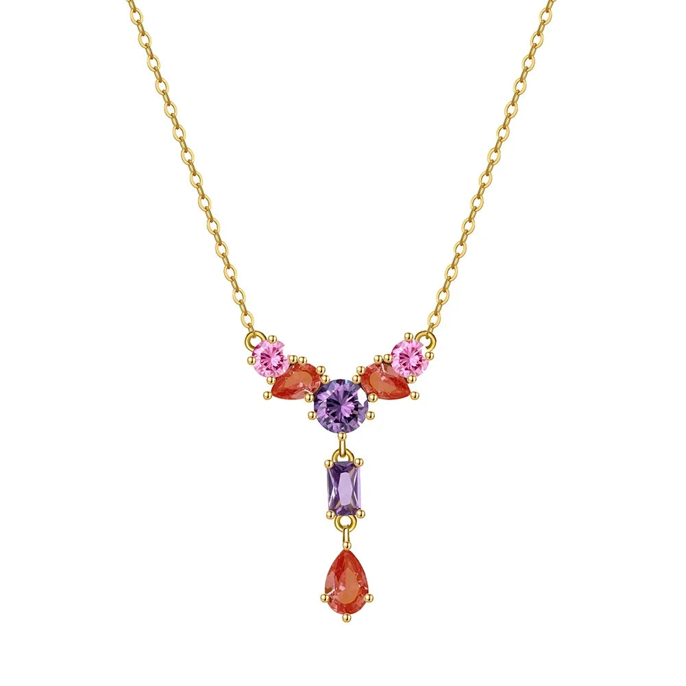 EQN74 Y-Shaped Cubic Zirconia Red and Pink Tourmaline Scatter Necklace in 925 Sterling Silver 14K Gold Plated